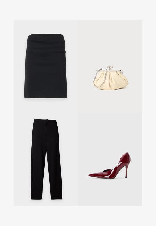 Falda negra ajustada con una textura suave, que presenta un diseño simple y limpio, y una silueta recta. Sin herrajes ni patrones visibles.; Pantalones de pierna ancha negros, confeccionados en una tela suave y elástica. Presentan una cinturilla lisa y sin costuras ni bolsillos visibles. Diseño sencillo y versátil.; Zapato de tacón alto de charol rojo con punta afilada y lados recortados, que presenta un elegante tacón de aguaja. Acabado suave y brillante.; Clutch de cuero beige plisado con un marco de metal plateado, que cuenta con dos broches decorativos redondos y una correa de cadena plateada.