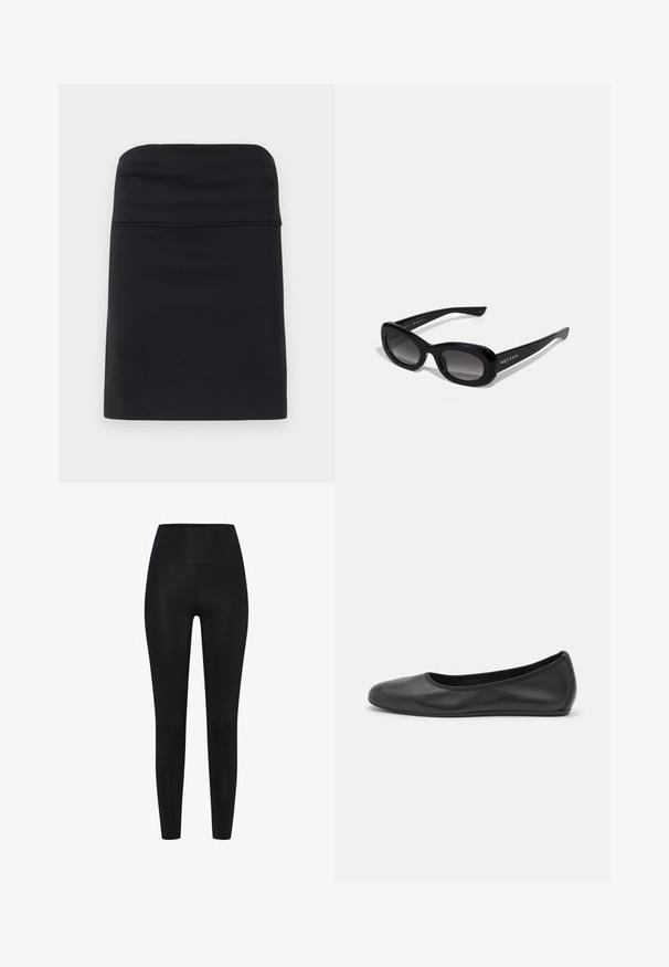 Schwarzer, taillierter Rock mit glatter Textur, der ein einfaches, klares Design und eine gerade Silhouette aufweist. Keine sichtbaren Beschläge oder Muster.; Schwarze Leggings aus dehnbarem Stoff. Hohe Taillenhöhe, glatte Textur, körpernahe Silhouette, keine sichtbaren Muster oder Verzierungen.; Schwarze Leder-Ballettschuhe mit abgerundeter Spitze, glatter Textur, minimalen Nähdetails und einem flexiblen Sohlen-Design.; Schwarze, übergroße Sonnenbrillen mit glänzender Oberfläche, Verlaufsgläsern und abgerundeter rechteckiger Form; mit Logo an der Seite.