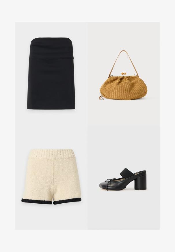Jupe noire ajustée avec une texture lisse, présentant un design simple et épuré avec une silhouette droite. Aucun matériel ou motif visible.; Shorts en tricot couleur crème avec taille côtelée et bordure noire à l'ourlet, présentés sur un fond clair uni.; Mules noires à talons avec un bout rond, fabriquées en cuir lisse. Dotées d'une bande élastiquée et d'un talon cylindrique proéminent.; Sac à main tressé marron avec un corps arrondi, une fermeture à bouton boule en bois, et une bandoulière fine en cuir.