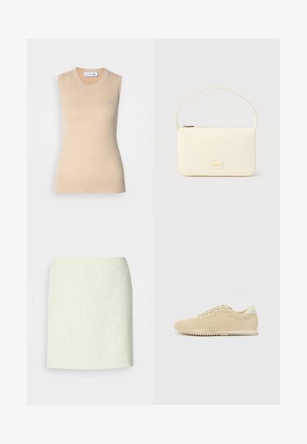 Haut sans manches beige en tricot avec une texture côtelée et une coupe ajustée. Présente un col rond et un petit logo brodé sur la poitrine.; Jupe crayon ivoire longueur genou avec de subtiles fines rayures verticales et une taille cintrée.; Baskets en suede beige avec un design à lacets, dessus texturé, semelle en caoutchouc contrastante et un léger talon. Style minimaliste avec un branding subtil.; Sac à main rectangulaire de couleur crème avec une seule sangle et une fermeture éclair sur le dessus, comportant une petite plaque de logo embossé à l'avant.