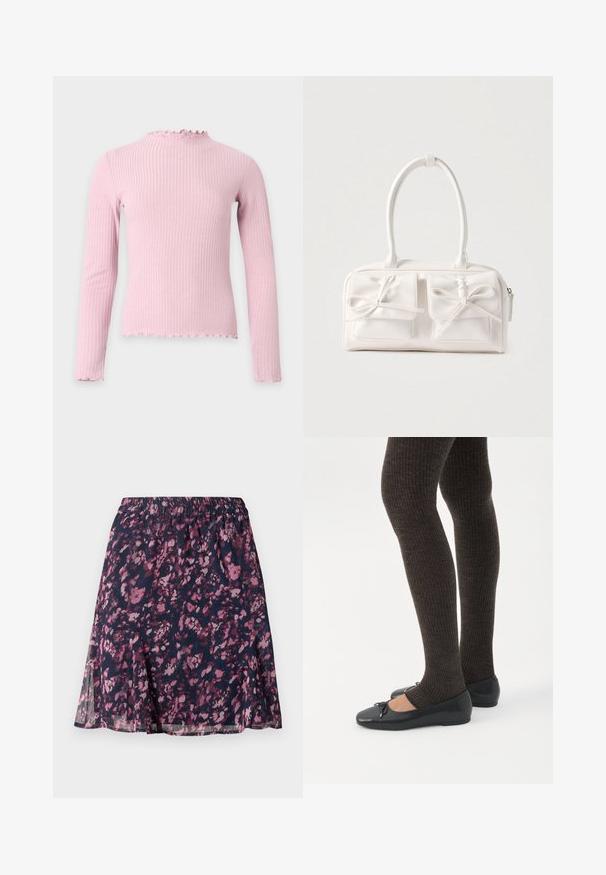Top de manga larga de color rosa claro con canalé, con un cuello alto ligeramente fruncido y un dobladillo fruncido a juego en las mangas y la parte inferior.; Falda marina con cintura elástica, que presenta un patrón abstracto de flores en tonos rosa y púrpura, y un dobladillo ligeramente acampanado.; Piernas con leggings oscuros acanalados combinados con bailarinas negras que presentan pequeños detalles de lazo sobre un fondo blanco.; Bolso sintético blanco con dos bolsillos delanteros, cada uno con un detalle de lazo atado. Textura suave, asas redondeadas y cierre de cremallera.