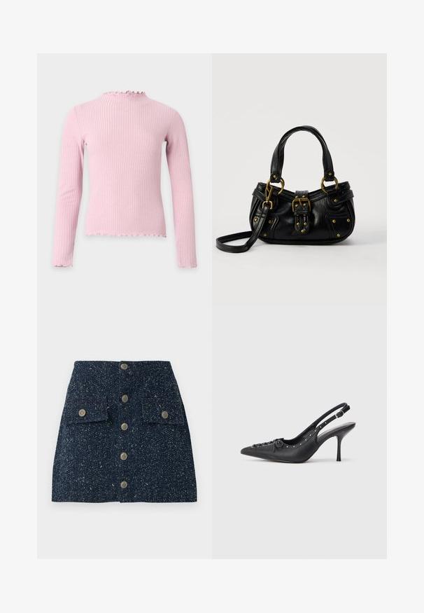 Lyserød ribbet langærmet top med let flæsekantet høj hals og matchende flæsekant ved ærmer og bund.; Dame denim mini nederdel i mørk marineblå med en spraglet tekstur, der har en række af fem metalliske knapper og to forreste klaplommer.; Sorte læder slingback stiletto med spids tå, side spændebånd, nitter langs kanten og dekorativ snøring foran.; Sort læderhåndtaske med guldbælge og nitdetaljer, korte håndtag og en justerbar skulderrem på en ensfarvet hvid baggrund.