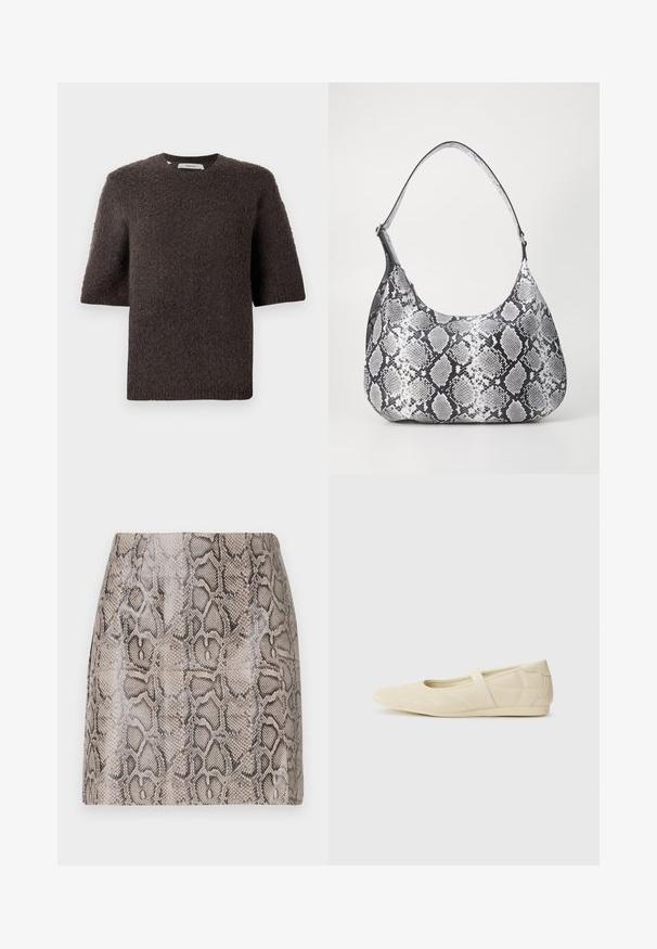 Mørkebrun strikket pullover med korte ærmer, rund halsudskæring og tekstureret stof. Enkel design, ingen synlige lukninger eller mønstre.; En tætsiddende miniskørt med en blank, struktureret faux slangeskindsprint i nuancer af beige og sort, med en glat overflade og uden synlige lukninger.; Lysebrune ballet flats med en glat læderoverflade, mandelformet tå og elastisk rem over vristen, med diskrete syninger.; Sort-hvid slangemønster skuldertaske med en rund form, glat tekstur og en buet rem. Har et sølvfarvet hardware-accents.