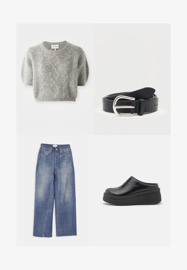 Grå kortærmet pullover sweater med kabelstrik mønster og ribbet kant. Fremstillet af et blødt, tekstureret materiale. Brandlabel synligt ved halsen.; Bredde ben blå denim jeans med en falmet finish, knaplukning, bæltestropper og to forlommer. Slidt kant tilføjer teksturdetalje.; Sorte blanke klodser med platform, rund tå, buet overdelen og kontrasterende hvid sting langs kanten af sålen.; Sort læderbælte rullet med en sølv metal rundet spænde på en ens hvid baggrund.