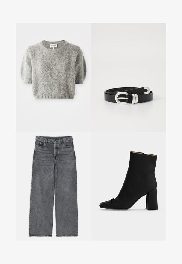 Grå kortærmet pullover sweater med kabelstrik mønster og ribbet kant. Fremstillet af et blødt, tekstureret materiale. Brandlabel synligt ved halsen.; Bredde ben jeans i mørkegrå denim. Har høj talje, fem lomme design og forneden knaplukning. Glat tekstur med subtil fading.; Sort midtbens læderstøvle med firkantet tå, blokhæl og lille dekorativ metal detalje foran, lynlås i siden.; Sort læderbælte med en sølvfarvet dobbeltspænde. Glat tekstur, flad form, med huller til justering og et slankt design.