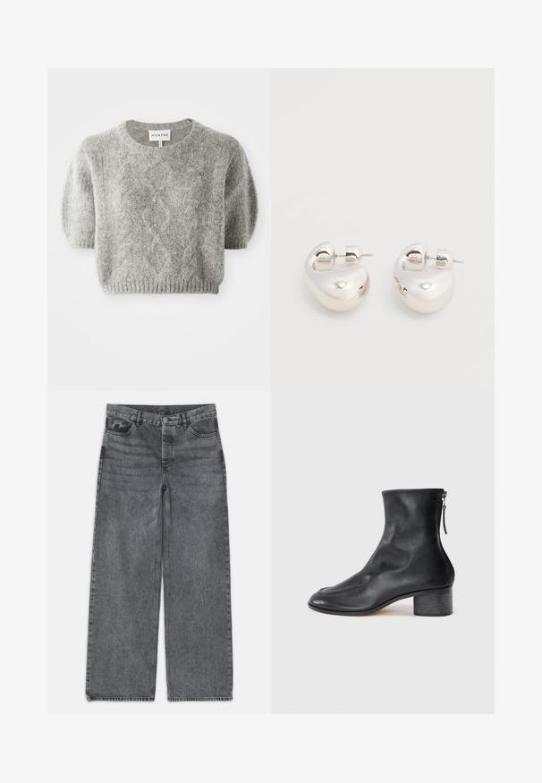 Jersey de manga corta en gris con patrón de trenzado y dobladillo acanalado. Hecho de un material suave y texturizado. Etiqueta de la marca visible en el cuello.; Jeans de pierna ancha en denim gris oscuro. Presentan una cintura alta, diseño de cinco bolsillos y cierre delantero de botón. Textura suave con un sutil desgastado.; Botín de cuero negro hasta el tobillo con punta redonda, que cuenta con un tacón cuadrado y un cierre de cremallera en la parte trasera. Textura suave con costuras sutiles.; Par de pendientes llamativos de aro grueso plateado brillante con cierre de poste sobre un fondo blanco liso.