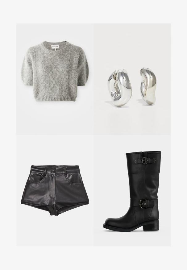 Pull-over gris à manches courtes avec un motif en maille torsadée et un ourlet côtelé. Fabriqué dans un matériau doux et texturé. Étiquette de marque visible au niveau du cou.; Shorts en simili cuir noirs à taille haute, dotés de deux poches frontales, de coutures apparentes et d'une texture lisse.; Botte haute en cuir noir avec deux sangles à boucle réglables et un talon bloc bas sur fond uni.; Boucles d'oreilles sculpturales en argent avec des formes douces et courbes et des surfaces réfléchissantes. Présentent un design de boucle fermée et une forme organique distincte.