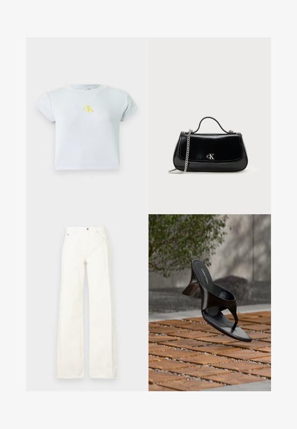 Svetlomodrý, ryhovaný crop top s krátkym rukávom a žltým logom CK na hrudi. Jednoduchý, priliehavý dizajn s okrúhlym výstrihom. Hladká textúra.; Biele široké džínsy vyrobené z denimu, so strapatými okrajmi po stranách, prednými vreckami a klasickým zapínaním na gombík a zips.; Čierna Calvin Klein sandála na podpätku s remienkom, ktorá sa vznáša nad vonkajšou dlažbou s rastlinami a betónovou stenou v pozadí.; Čierna kožená kabelka s reťazovou rukoväťou, pevný tvar a strieborný akcent s logom. Hladký povrch s klapkovým uzatváraním.