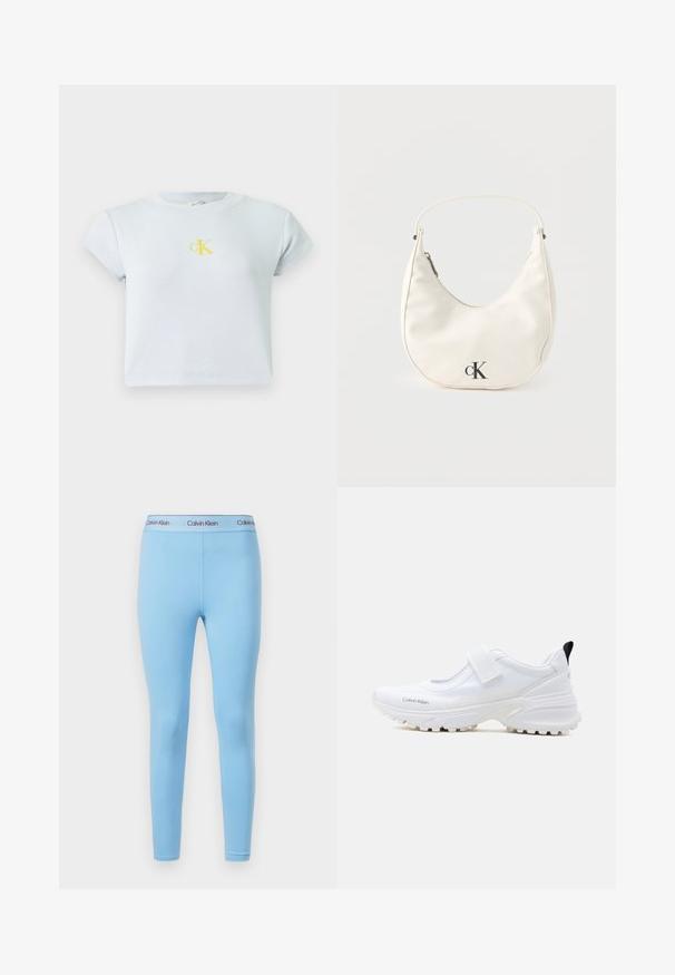 Svetlomodrý, ryhovaný crop top s krátkym rukávom a žltým logom CK na hrudi. Jednoduchý, priliehavý dizajn s okrúhlym výstrihom. Hladká textúra.; Modré legíny vyrobené z hladkej, elastickej látky, ktoré majú jednoliatu farbu a pás s logom "Calvin Klein" v kontrastných farbách.; Biely teniska Calvin Klein s hrubou podrážkou a suchým zipsom, s čiernou sťahovacou pútkom na päte a štruktúrovaným podrážkovým povrchom pre lepšiu priľnavosť.; Malá biela kabelka v tvare polmesiaca s krátkym remienkom, zapínaním na zips a čiernym logom "cK" na prednej strane.