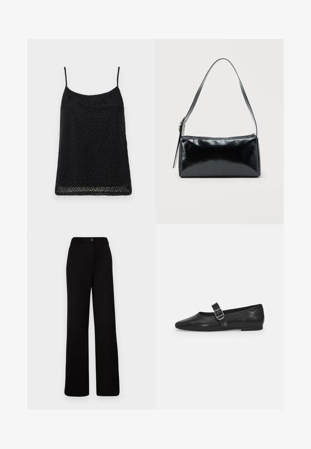 Sort blonde camisole top med justerbare spaghetti-stropper, blomster mønster og løs pasform med bølgede kantdetaljer.; Sorte bukser med bred benvidde, flad front, knaplukning og struktureret talje. Lavet af glat stof med et skræddersyet design.; Sorte læder flade sko med rund tå, et enkelt justerbart spænde og en glat, blank overflade. Minimalistisk design med en lav hæl.; Sort rektangulær skuldertaske med en enkelt justerbar rem og lynlås i toppen på en ensfarvet baggrund.