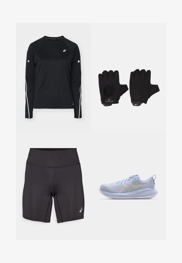 Musthave musta pika varrukatega spordipaita, raglan varrukatega, valgete peegeldavate triipude ja ümmarguse kaelusega. Rinnal on väike logo.; Mustad musta värvi sportlikud lühikesed püksid, millel on sileda tekstuuriga, istuv disain ja kõrge vöökoht. Omavad kontrastselt õmmeldud õmblusi ning väikest logo alumisel jalas.; Heledad sinised spordijalatsid tekstuurse ülemise osaga, valge sisetalla ja kuldsete aktsenttriipudega. Omadused hõlmavad paelu ja tagumist tõmbeava.; Mustad sõrmeotsadeta mustad kindad, millel on tekstuuriga disain. Valmistatud hingavast materjalist, millel on suurendatud peopesa haarde tagamiseks ja sõrmeava.