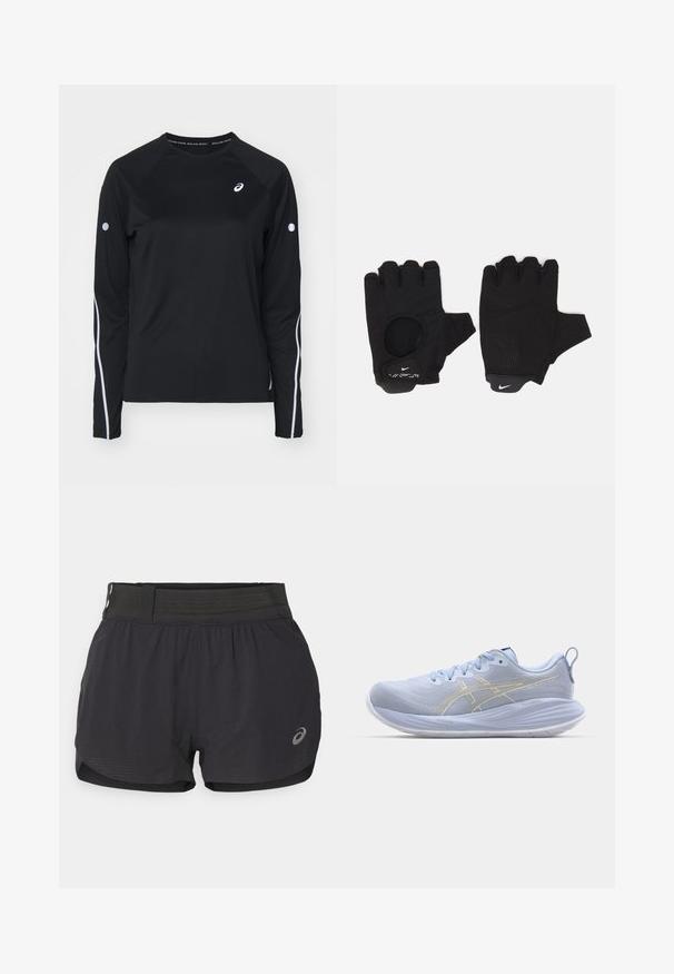 Camiseta atlética negra de manga larga con mangas raglán, franjas reflectantes blancas a los lados y cuello redondo. Cuenta con un pequeño logo en el pecho.; Pantalones cortos de running negros con una cinturilla de malla, que presentan una textura suave, un largo corto y un pequeño logo en la parte inferior derecha.; Zapatillas deportivas de color azul claro con parte superior texturizada, suela blanca y rayas doradas. Incluyen cordones y una pestaña de agarre en la parte trasera.; Guantes sin dedos negros con un diseño texturizado. Hechos de un material transpirable, cuentan con un orificio para el pulgar y una palma reforzada para mejorar el agarre.