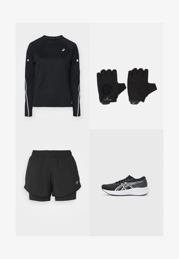 Camiseta atlética negra de manga larga con mangas raglán, franjas reflectantes blancas a los lados y cuello redondo. Cuenta con un pequeño logo en el pecho.; Pantalones cortos deportivos negros con una cintura elástica, que presentan un diseño en capas y un forro interior. La tela parece ligera y suave.; Zapatillas deportivas negras con parte superior de malla texturizada, acentos en blanco y una suela blanca acolchada. Presenta un logotipo en el lateral y cordones.; Guantes sin dedos negros con un diseño texturizado. Hechos de un material transpirable, cuentan con un orificio para el pulgar y una palma reforzada para mejorar el agarre.