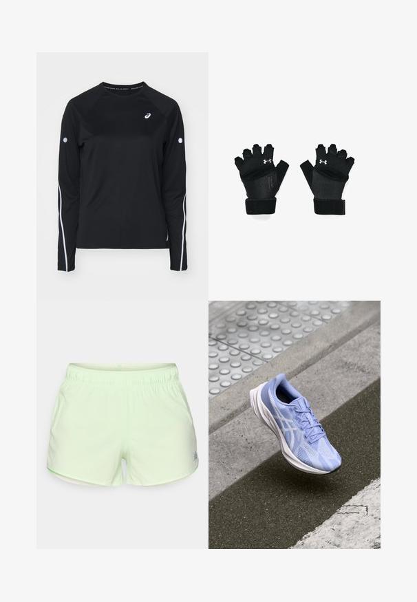 Zwarte sportshirt met lange mouwen en raglanmouwen, witte reflecterende strepen langs de zijkanten en een ronde hals. Bevat een klein logo op de borst.; Lichtgroene sportshorts met een elastische tailleband en kleine perforaties voor ademend vermogen, met een klein reflecterend logo vlak bij de zoom.; Lichtblauwe hardloopschoen met een bovenwerk van mesh, textuurpatronen en witte accenten. Beschikt over een gevoerde zool en veters voor een veilige pasvorm.; Zwarte traininghandschoenen met een open vingerontwerp, versterkte stiksels, een gevoerde palm en verstelbare polsbanden. Voorzien van een zilveren logo-accent.