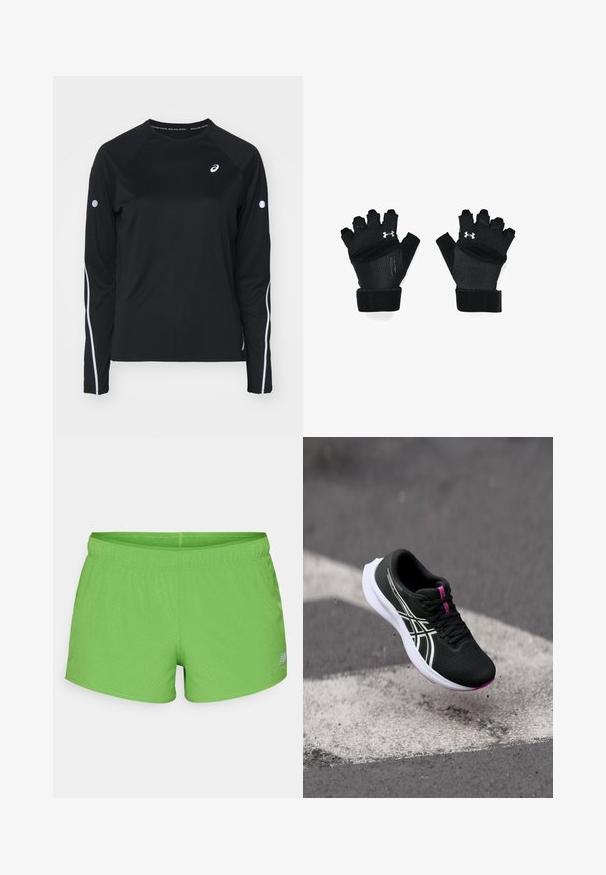 Zwarte sportshirt met lange mouwen en raglanmouwen, witte reflecterende strepen langs de zijkanten en een ronde hals. Bevat een klein logo op de borst.; New Balance RC SHORT 3" - Trainingsbroek - alpine green; Zwarte sportieve schoen met een gestructureerde bovenkant, witte zool, roze accenten en contrasterende witte strepen. Zweeft boven een grijze ondergrond.; Zwarte traininghandschoenen met een open vingerontwerp, versterkte stiksels, een gevoerde palm en verstelbare polsbanden. Voorzien van een zilveren logo-accent.