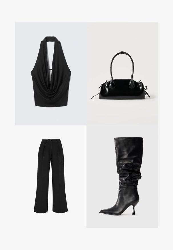 Top sin mangas negro con cuello halter, escote profundo con drapeado y espalda abierta, colgando contra un fondo gris claro.; Pantalones negros de talle alto y pierna ancha con pinzas delanteras, trabillas para cinturón y cierre con botón en la cintura.; Bota de cuero negra hasta la rodilla con un diseño holgado, punta afilada y un delgado tacón de aguja, que presenta una textura suave y acentos mínimos.; Pequeño bolso negro brillante con dos asas largas y detalles de cordón lateral sobre un fondo claro liso.