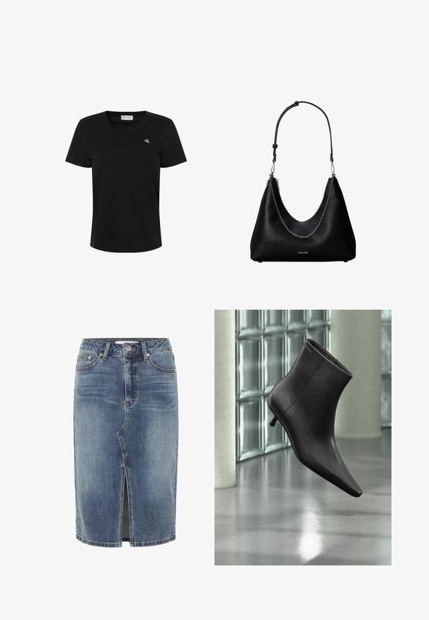 Zwarte T-shirt met korte mouwen en een V-hals met een klein wit "cK" logo op de linkerborst en een Calvin Klein Jeans-label aan de binnenkant van de kraag.; Blauwe denim rok tot de knie met een split in het midden vooraan, vijf zakken en een knoopsluiting in de taille.; Zwarte leren enkellaars met puntige neus en lage hak, afgebeeld tegen een glazen blokkenmuur en gepolijste vloer op de achtergrond.; Zwarte leren handtas met een zilveren kettingdetail en verstelbare schouderriem, met het Calvin Klein-logo aan de voorkant.