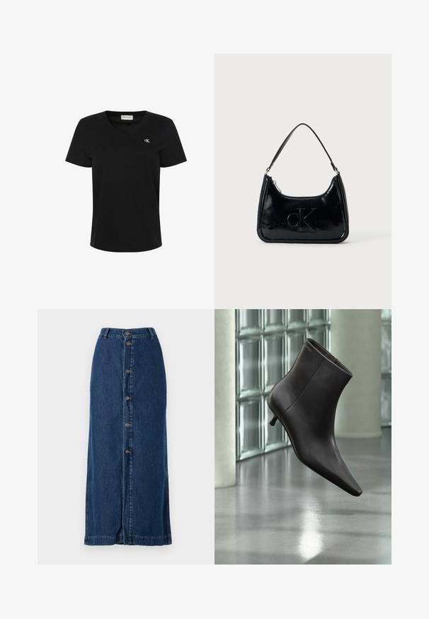 Sort T-shirt med korte ærmer og V-hals med lille hvidt "cK" logo på venstre bryst og Calvin Klein Jeans mærkat inde i kraven.; Mørkeblå denim-maxiskørt med knaplukning foran og sideslids, med en lige silhuet og syet kant.; Sort læderankelstøvle med spids tå og lille hæl vist mod en væg af glasblokke og poleret gulv baggrund.; Sort patentlæder håndtaske med et buet topgreb, lynlåsslukning og prægede "cK" logo på fronten. Glat tekstur, struktureret form.
