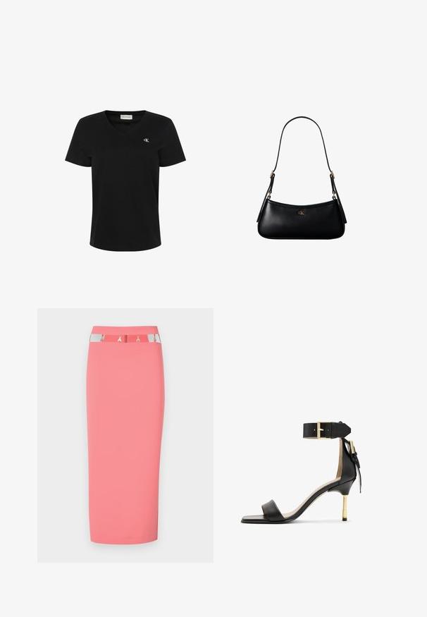 Camiseta negra de algodón con escote en V, mangas cortas y un pequeño logo blanco "ck" en el pecho izquierdo. Textura suave y ajuste clásico.; Falda lápiz rosa hecha de tela elástica, con una cinturilla plateada y negra con acentos metálicos y un diseño elegante y ajustado.; Sándal de tacón de cuero negro con punta cuadrada, correa en el tobillo con hebilla dorada y un tacón metálico esbelto. Textura suave, diseño minimalista.; Mini bolso negro de cuero para hombro con correa delgada y pequeño logo dorado CK en el centro frontal.