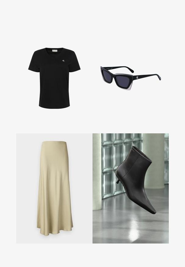 T-shirt noir à manches courtes avec col en V, petit logo blanc "cK" sur la poitrine gauche et étiquette Calvin Klein Jeans à l’intérieur du col.; Jupe longue et fluide en beige, fabriquée en tissu doux. Elle présente une texture lisse et un design simple et minimaliste sans matériel visible.; Bottine en cuir noir avec bout pointu et petit talon, présentée devant un mur en blocs de verre et un sol poli.; Lunettes de soleil noires surdimensionnées avec une forme géométrique, dotées de verres foncés et d'un détail gris contrastant sur la monture. Logo sur la branche.