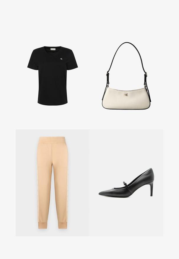 Camiseta negra de algodón con escote en V, mangas cortas y un pequeño logo blanco "ck" en el pecho izquierdo. Textura suave y ajuste clásico.; Pantalones de chándal beige con una textura suave, que presentan un diseño tapered, cintura elástica y paneles laterales estampados.; Zapato de tacón alto de cuero negro con punta puntiaguda, con tira fina y hebilla sobre el empeine, sobre fondo claro y neutro.; Pequeño bolso de hombro color crema con ribete negro, correa negra ajustable y logo plateado "cK" en el centro frontal.
