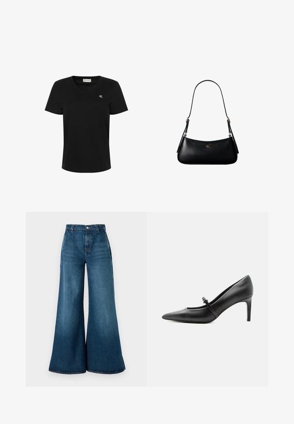 Camiseta negra de manga corta con escote en V con pequeño logo blanco "cK" en el pecho izquierdo y etiqueta de Calvin Klein Jeans en el interior del cuello.; Jeans de mezclilla de pernera ancha en un acabado azul oscuro, con cintura alta, cierre delantero con botón y diseño clásico de cinco bolsillos. Textura suave.; Zapato de tacón alto de cuero negro con punta puntiaguda, con tira fina y hebilla sobre el empeine, sobre fondo claro y neutro.; Mini bolso negro de cuero para hombro con correa delgada y pequeño logo dorado CK en el centro frontal.