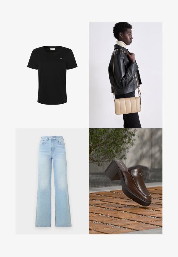 Schwarzes T-Shirt mit kurzen Ärmeln und V-Ausschnitt mit kleinem weißen "cK" Logo auf der linken Brustseite und Calvin Klein Jeans Label im Kragen innen.; Hellblaue High-Waist-Jeans mit weitem Bein-Design. Verfügt über fünf Taschen und einen Knopfverschluss, aus Denim mit leichtem Verblassen.; Braune Leder-Calvin Klein Absatzpantolette, die über einem Holzboden mit verschwommenem grünem Pflanzen- und Wandhintergrund schwebt.; Beige Leder-Crossbody-Tasche mit gestepptem Muster, rechteckiger Form, dünnem Trageriemen und silberner Hardware, getragen von einer Person in einer schwarzen Jacke.