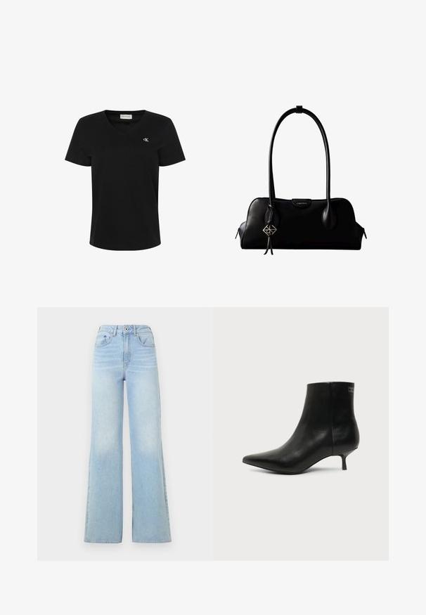 Čierne tričko s krátkym rukávom a výstrihom do V s malým bielym logom "cK" na ľavej strane hrudníka a štítkom Calvin Klein Jeans vo vnútri goliera.; Svetlomodré džíny s vysokým pásom a širokou nohavicou. Obsahujú päť vreciek a zapínanie na gombík, vyrobené z denimovej látky s jemným vyšúchaním.; Čierna kožená členková šnúrovacia obuv s ostrou špičkou a nízkym kitten podpätkom na svetlom pozadí, pohľad z vonkajšej strany.; Čierna kožená kabelka Calvin Klein s dlhými rúčkami, prednou značkou s logom a strieborným geometrickým príveskom visiaci na jednej rúčke.