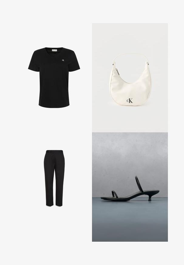 Camiseta negra de algodón con escote en V, mangas cortas y un pequeño logo blanco "ck" en el pecho izquierdo. Textura suave y ajuste clásico.; Pantalones de vestir negros a medida con trabillas para cinturón, piernas rectas y pliegues planchados, mostrados sobre un fondo blanco.; Sandalia de tacón negra Calvin Klein con tiras finas, equilibrada sobre baldosas de madera al aire libre cerca de una pared y vegetación.; Pequeño bolso blanco en forma de media luna con correa corta, cierre de cremallera y logo negro "cK" en el frente.
