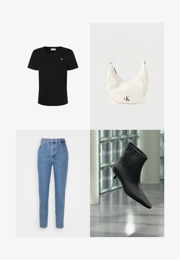 Zwarte T-shirt met korte mouwen en een V-hals met een klein wit "cK" logo op de linkerborst en een Calvin Klein Jeans-label aan de binnenkant van de kraag.; Blauwe high-waisted straight-leg jeans met een knoop en rits aan de voorkant, riemlussen en zakken, weergegeven op een effen witte achtergrond.; Zwarte leren enkellaars met spits toelopende neus en lage kittenhak, schuin weergegeven tegen een gepolijste vloer en een glazen blokken muur als achtergrond.; Kleine witte handtas in de vorm van een halve maan met een kort hengsel, ritssluiting en zwart "cK" logo aan de voorkant.