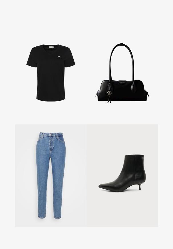 Camiseta negra de manga corta con escote en V con pequeño logo blanco "cK" en el pecho izquierdo y etiqueta de Calvin Klein Jeans en el interior del cuello.; Jeans de tiro alto rectos de color azul con botón frontal y cremallera, trabillas para cinturón y bolsillos, exhibidos sobre un fondo blanco liso.; Botín de piel negra con puntera puntiaguda y tacón bajo estilo kitten sobre fondo claro, mostrando vista lateral exterior.; Bolso de mano negro de cuero Calvin Klein con asas largas, una etiqueta con el logo frontal y un colgante geométrico plateado que cuelga de una de las asas.