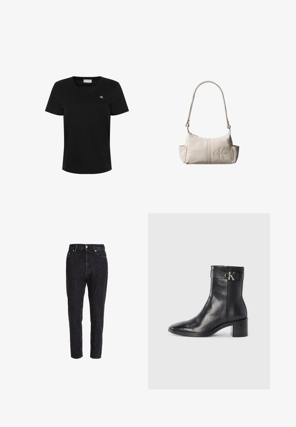 Schwarzes Baumwoll-T-Shirt mit V-Ausschnitt, kurzen Ärmeln und kleinem weißem "ck"-Logo auf der linken Brust. Glatte Textur und klassischer Schnitt.; Schwarze Jeans aus Denim mit hoher Taille, zulaufenden Beinen und klassischem Fünf-Taschen-Design. Der Stoff hat eine leicht strukturierte und robuste Textur.; Schwarze Leder-Ankle Boots mit spitzem Zehenbereich, Blockabsatz und einem Riemen mit einem metallischen Logodetail. Glatte Textur und minimales Design.; Kleine beige Leder-Schultertasche mit verstellbarem Riemen und geprägt Calvin Klein-Logo vorne in der Mitte.
