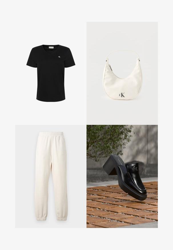 Sort T-shirt med korte ærmer og V-hals med lille hvidt "cK" logo på venstre bryst og Calvin Klein Jeans mærkat inde i kraven.; Kremfarvede joggingbukser med elastisk linning og manchetter, vist fladt mod en lys baggrund.; Sort læder Calvin Klein slip-on mule med blokhæl, der hviler på trætøj udendørs nær en grøn plante og en grå væg.; Lille hvid halvmåneformet håndtaske med kort rem, lynlås og sort "cK"-logo foran.