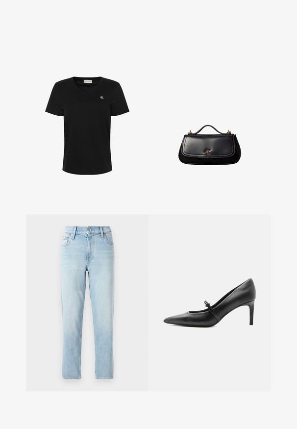 Zwart katoenen T-shirt met een V-hals, korte mouwen en een klein wit "ck"-logo op de linkerborst. Soepele textuur en klassieke pasvorm.; Lichtblauwe denim jeans, recht gesneden design, middelhoog taille, met vijf-vaks stijl en een knoopsluiting aan de voorkant.; Zwarte leren pumps met puntige neus, dunne riem en gesp over de wreef, staand op een neutrale lichte achtergrond.; Zwarte leren handtas met een klein handvat, goudkleurig "cK"-logo op de voorflap en gouden hardware-accenten.