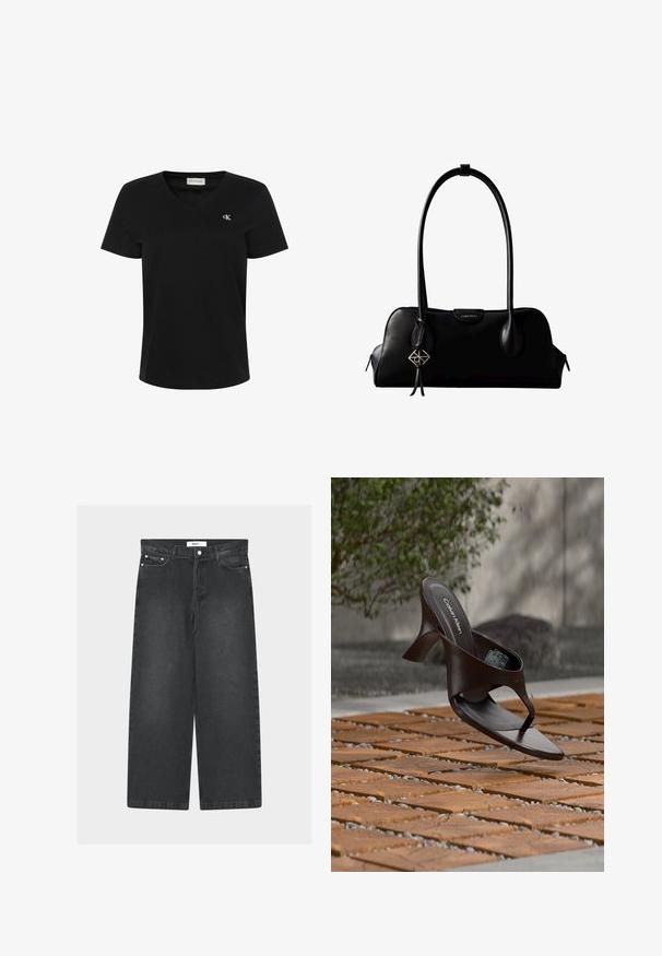 Schwarzes Baumwoll-T-Shirt mit V-Ausschnitt, kurzen Ärmeln und kleinem weißem "ck"-Logo auf der linken Brust. Glatte Textur und klassischer Schnitt.; Schwarze weite Denim-Hose mit hoher Taille, vorderen Taschen und Knopfverschluss. Verfügt über einen Tunnelzug in der Taille und eine glatte Textur.; Braune Calvin Klein Sandalette mit Absatz und Zehensteg, schwebend über einem Boden aus Holzfliesen und Kies im Freien, mit verschwommenem Grün und Stein im Hintergrund.; Schwarze Lederhandtasche von Calvin Klein mit langen Henkeln, einem vorderen Logo-Tag und einem silbernen geometrischen Anhänger, der an einem Henkel hängt.