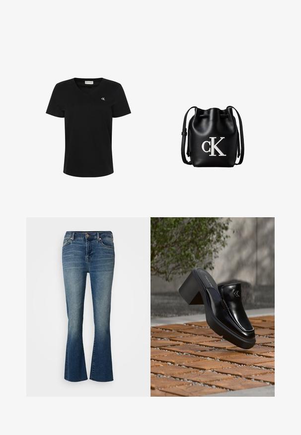 Zwarte T-shirt met korte mouwen en een V-hals met een klein wit "cK" logo op de linkerborst en een Calvin Klein Jeans-label aan de binnenkant van de kraag.; Denim flare jeans in een medium blauwe was, met een hoge taille, vijf zakken en subtiele wassing aan de voorkant.; Zwarte leren Calvin Klein slip-on mule met blokhak rustend op houten tegels buiten, vlak bij een groene plant en een grijze muur.; Zwarte leren bucketbag met koordsluiting aan de bovenkant en wit "cK" logo aan de voorkant, met een verstelbare schouderband.