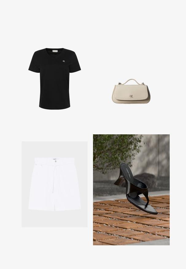 Sort bomulds-T-shirt med V-hals, korte ærmer og et lille hvidt "ck"-logo på venstre bryst. Glat tekstur og klassisk pasform.; Hvide shorts med høj talje med knap foran og snøre, med bæltestropper og sidelommer på en ensfarvet baggrund.; Sort Calvin Klein hæl-sandal med åben tå, der svæver over en udendørs flisebelagt overflade med grønne planter og en betonvæg i baggrunden.; Lille beige læderhåndtaske med top håndtag og sølv CK-logo på frontklap, vist mod en hvid baggrund.