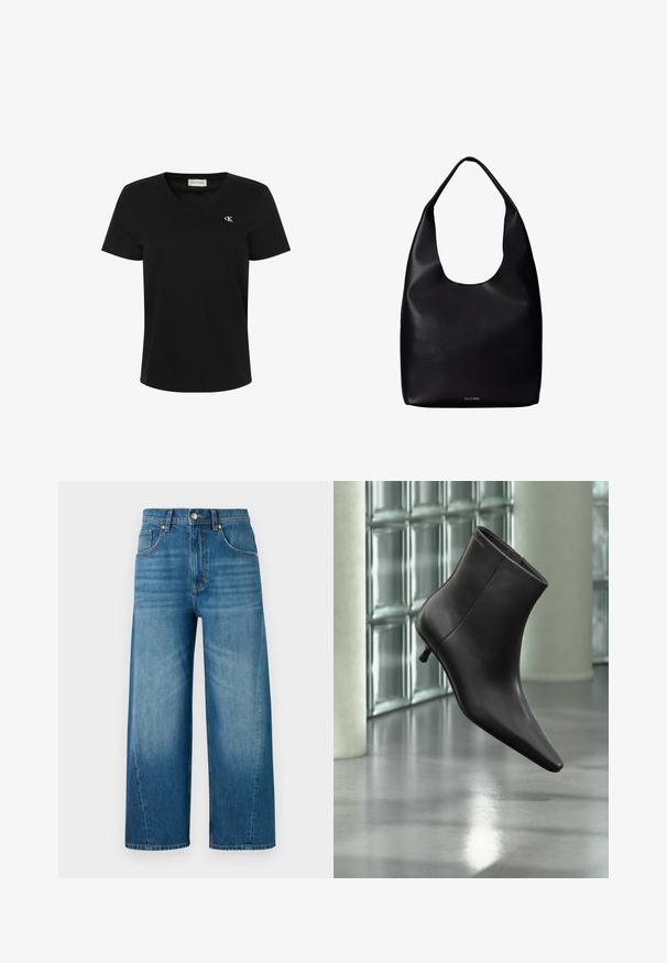 Camiseta negra de manga corta con escote en V con pequeño logo blanco "cK" en el pecho izquierdo y etiqueta de Calvin Klein Jeans en el interior del cuello.; Jeans de denim de pierna ancha en azul claro con un lavado desgastado, que cuentan con cinco bolsillos y un cierre de botón en la parte delantera. Fabricados en tela de algodón.; Bota de cuero negro para el tobillo con puntera puntiaguda y tacón pequeño, exhibida frente a una pared de bloques de vidrio y un suelo pulido.; Bolso tote de cuero negro con una única correa ancha para el hombro y un sutil logo de Calvin Klein en el centro inferior.