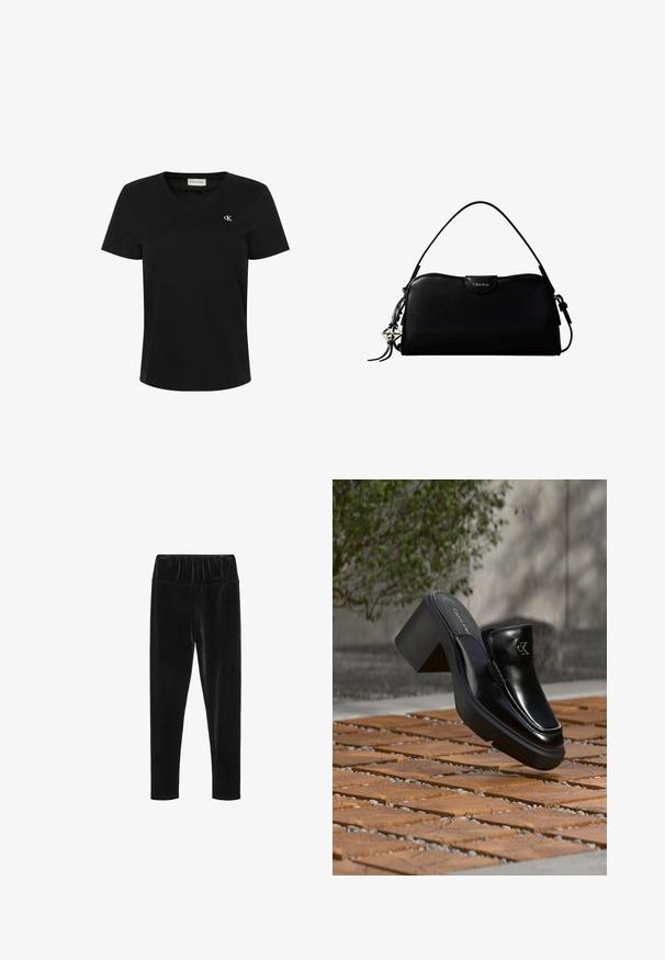 Sort T-shirt med korte ærmer og V-hals med lille hvidt "cK" logo på venstre bryst og Calvin Klein Jeans mærkat inde i kraven.; Sorte velour leggings med elastisk talje og en glat, skinnende tekstur. Slim fit med tapered ben-design.; Sort læder Calvin Klein slip-on mule med blokhæl, der hviler på trætøj udendørs nær en grøn plante og en grå væg.; Sort rektangulær Calvin Klein håndtaske med enkelt toprem, sølvlogo vedhæng og lille klaplukning foran.