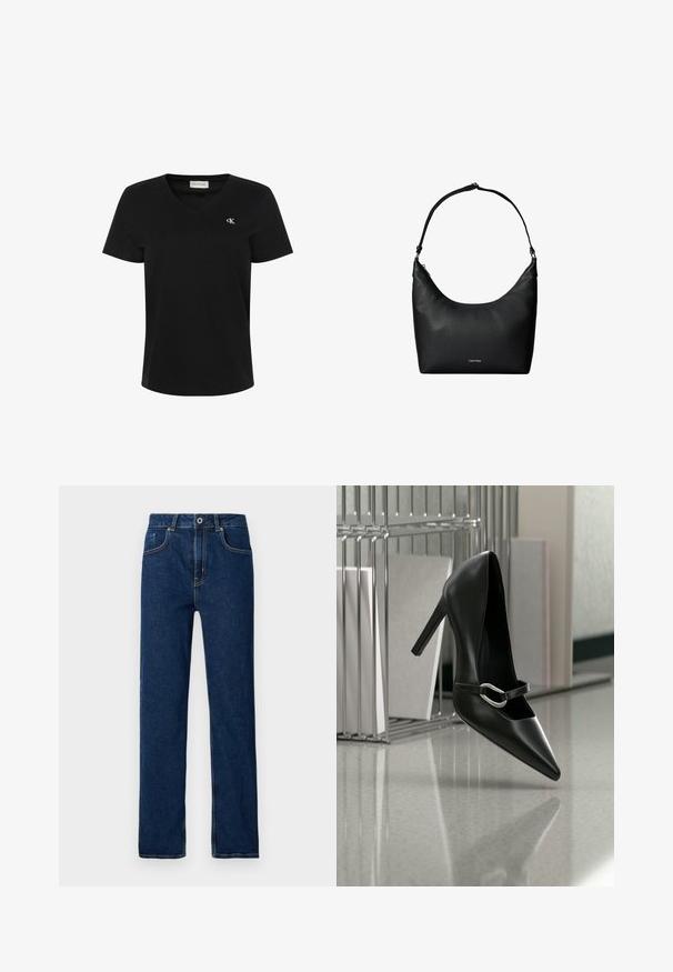 Camiseta negra de algodón con escote en V, mangas cortas y un pequeño logo blanco "ck" en el pecho izquierdo. Textura suave y ajuste clásico.; Vaqueros de denim azul oscuro con piernas rectas, diseño de cinco bolsillos, costuras visibles y cierre de botón metálico en la cintura.; Zapato de tacón alto negro con puntera y correa con hebilla plateada, colocado sobre una superficie reflectante cerca de un organizador de archivos metálico que sostiene papeles.; Bolso de hombro de cuero negro texturizado con una sola correa y un pequeño logo de Calvin Klein en el centro delantero.
