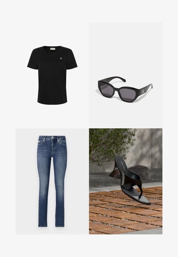 Camiseta negra de algodón con escote en V, mangas cortas y un pequeño logo blanco "ck" en el pecho izquierdo. Textura suave y ajuste clásico.; Jeans ajustados en denim de lavado oscuro, con una cintura de altura media, cinco bolsillos, costuras visibles y cierre de botón en la cintura.; Sandalia negra de tacón tipo tanga de Calvin Klein flotando sobre una superficie exterior de azulejos, con vegetación y una pared de hormigón al fondo.; Gafas de sol negras con un diseño elegante y angular, lentes oscuros y un logo plateado en contraste en el lateral. Textura de plástico suave.