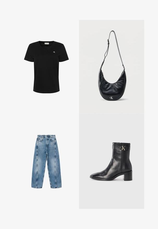 Sort bomulds-T-shirt med V-hals, korte ærmer og et lille hvidt "ck"-logo på venstre bryst. Glat tekstur og klassisk pasform.; Lysblå denim jeans har en afslappet pasform, store lommer og kontrasterende syninger. Stoffet har en falmet finish med en glat overflade.; Sort læder ankelstøvle med spids tå, blokhæl og en rem med en metallisk logo detalje. Glat tekstur og minimalistisk design.; Sort halvmåneformet skuldertaske i læder med justerbar rem og sølvfarvet "cK"-logo foran, mod en ensartet hvid baggrund.