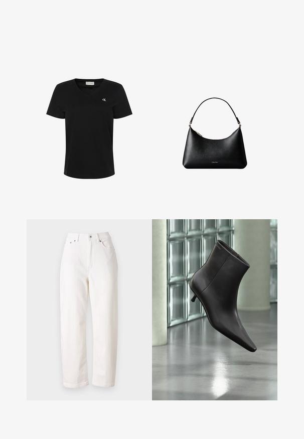 T-shirt noir à manches courtes avec col en V, petit logo blanc "cK" sur la poitrine gauche et étiquette Calvin Klein Jeans à l’intérieur du col.; Jean en denim blanc avec une coupe droite, taille haute, fermeture éclair et bouton métallique. Comprend cinq poches et une couture discrète.; Bottine en cuir noir avec bout pointu et petit talon, présentée devant un mur en blocs de verre et un sol poli.; Sac à main en cuir noir Calvin Klein avec une anse courte et une fermeture éclair dorée, présenté sur fond blanc.