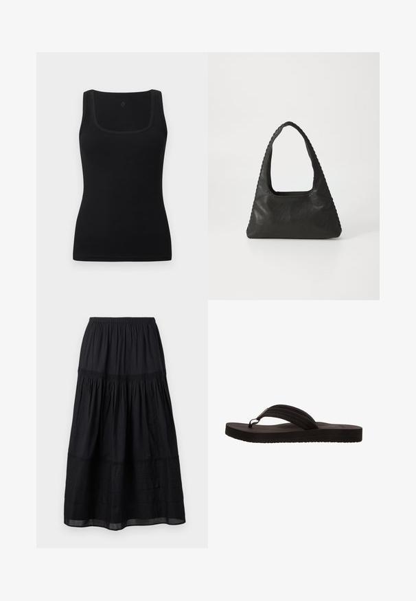 Camiseta ajustada negra de tela suave, con escote cuadrado y tirantes anchos; sin patrones ni adornos visibles.; Falda negra hasta el tobillo con cintura elástica, volantes fruncidos y sutiles detalles de costura en tela ligera.; Chancla negra con suela de goma, que presenta un diseño de sola tira con tres ranuras horizontales. Textura plana y suave sin patrones adicionales.; Bolso de cuero negro con forma triangular, un gran asa recortada y costuras detalladas a lo largo de los bordes. Textura suave.