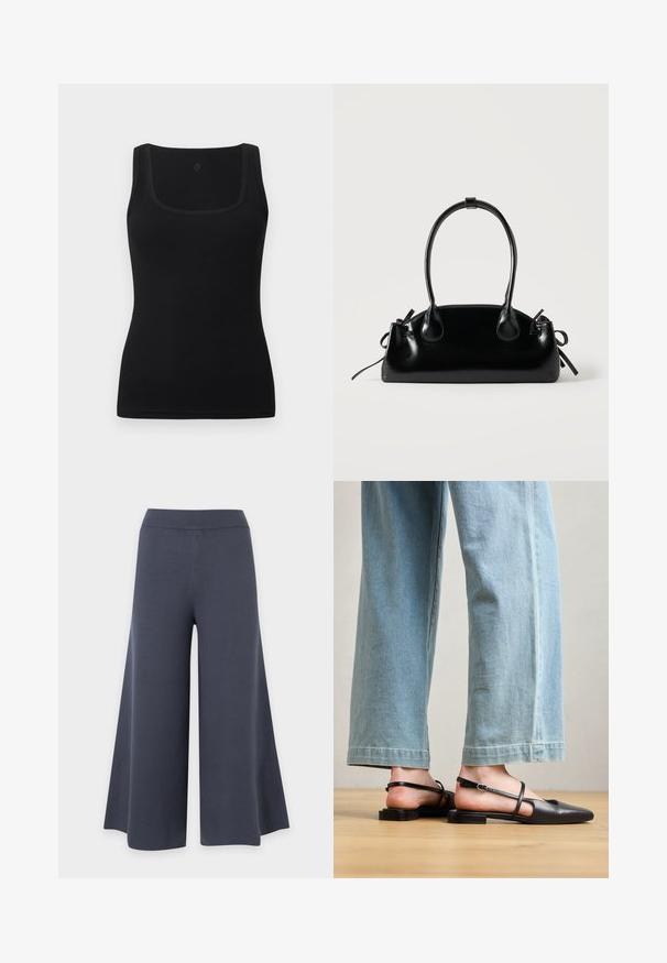 Schwarzes eng anliegendes Tanktop aus glattem Stoff, mit quadratischem Ausschnitt und breiten Trägern; keine sichtbaren Muster oder Akzente.; Weit geschnittene, kurze dunkelgraue Hose mit elastischem Bund, aus weichem, glattem Stoff gefertigt.; Schwarze Lederslingback-Schuhe mit spitzer Zehe, flachem Absatz und Knöchelriemen; getragen mit hellblauen, weit geschnittenen Jeans.; Kleine schwarze glänzende Handtasche mit zwei langen Griffen und seitlichen Kordelzug-Details vor einfachem hellem Hintergrund.