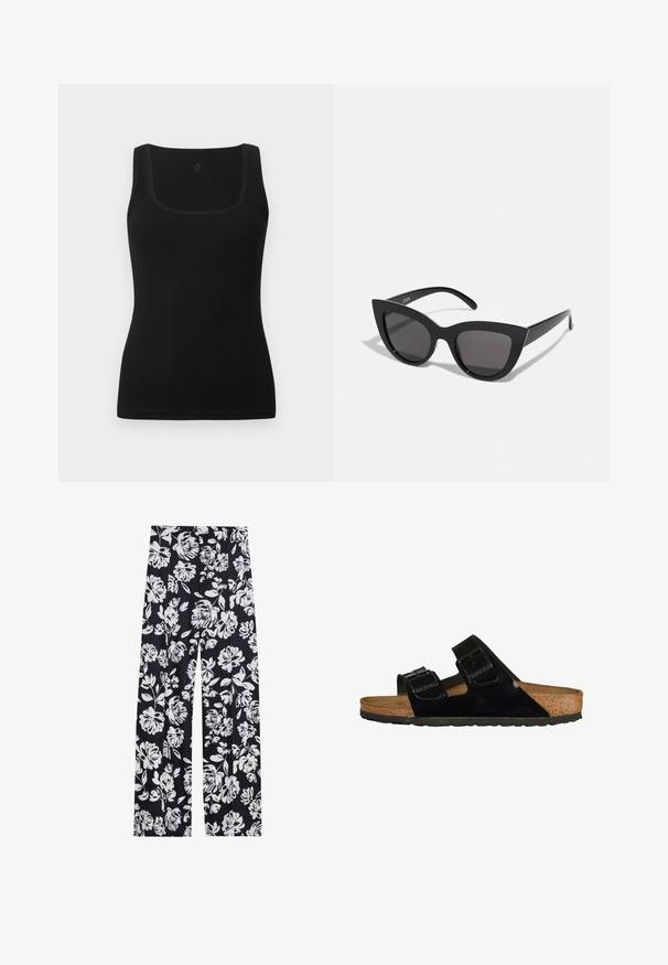 Schwarzes eng anliegendes Tanktop aus glattem Stoff, mit quadratischem Ausschnitt und breiten Trägern; keine sichtbaren Muster oder Akzente.; Blumenhose aus navyfarbigem Stoff mit einem weißen Blumenmuster, ausgestattet mit weiten Beinen und einer lässigen Passform. Glatte Textur, ohne sichtbare Beschläge.; Schwarze Lackledersandalen mit zwei verstellbaren Riemen, Korkfußbett und Gummisohle, die eine glatte Struktur und ein minimalistisches Design aufweisen.; Schwarze Cat-Eye-Sonnenbrille mit matter Oberfläche, grauen getönten Gläsern, scharfen Kanten und schlanken Bügeln. Der Markenname ist auf dem inneren Bügel sichtbar.