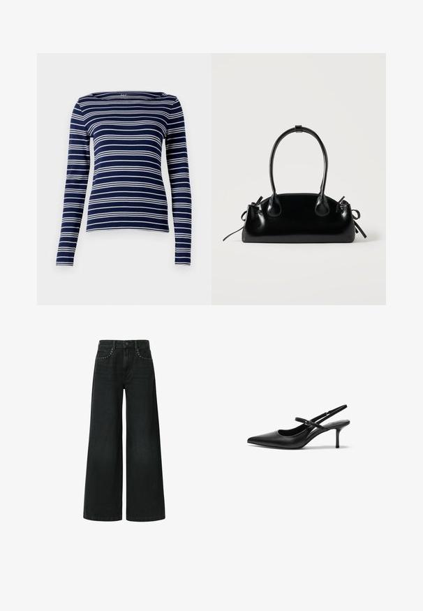 Navy lange mouw top met witte horizontale strepen, bootkraag en zachte, rekbare stof. Eenvoudig, getailleerd design, minimale details.; Zwarte jeans met wijd uitlopende pijpen, gemaakt van denim, met een klassieke vijf-pocket design en decoratieve studded details nabij de voorkruiszakken.; Zwarte leren slingback hakken met een puntige neus, slanke verstelbare band en een ongeveer 5 cm hoge stiletto hak, met een gladde textuur.; Kleine zwarte glanzende handtas met twee lange hengsels en zijkant trekkoord details op een effen lichte achtergrond.