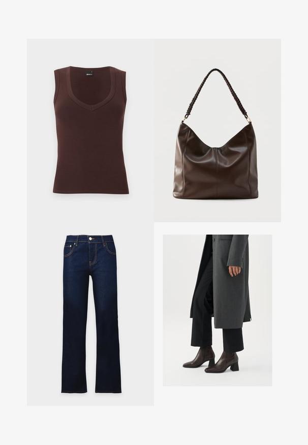 Débardeur en maille côtelée brun foncé, sans manches, avec col en V et larges bretelles, présenté sur un fond uni gris clair.; Jean en denim bleu foncé avec une coupe droite, fermeture frontale à boutons et détail de coutures orange visibles.; Bottines à talons hauts en cuir marron foncé avec un bout pointu et un talon carré, associées à un pantalon noir et un manteau gris.; Sac à bandoulière en cuir brun foncé avec une poignée tressée et des coutures apparentes sur le devant.