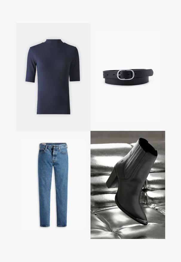 Marineblauw geribd T-shirt met korte mouwen en een hoge opstaande kraag. Gemaakt van een zachte, rekbare stof voor comfort en casual draagcomfort.; Lichtblauwe spijkerbroek met een rechte snit, vijf zakken en een standaard knoopsluiting. Heeft oranje stiksels en een licht vervaagde textuur.; Zwarte leren enkelboot met een hoge hak, voorzien van verticale stiksels en een glanzend zilveren accent op de neus, tegen een metallic achtergrond.; Zwarte leren riem met een gladde textuur, ovaal zilveren metalen gespsluiting en meerdere verstelgaten langs de band. Platte, minimalistische uitstraling.