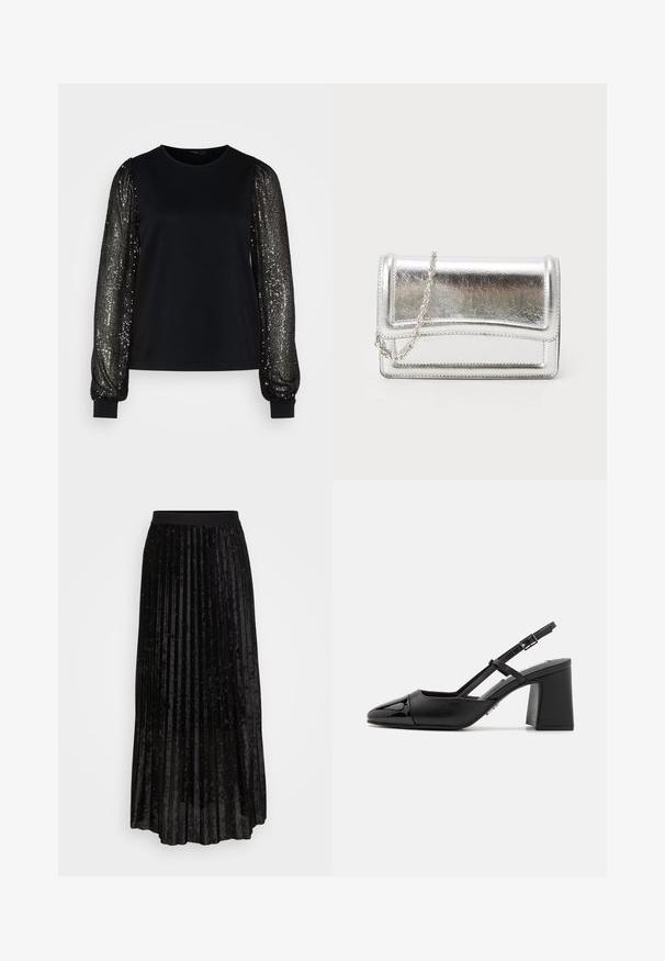Top noir à manches courtes en tissu doux, présentant de longues manches à sequins avec des lignes verticales et des poignets ajustés.; Jupe plissée noire en velours, dotée d'une taille lisse et de paillettes éparpillées pour une légère brillance.; Escarpin en cuir verni noir à talon bloc avec un bout pointu et une bride réglable. Texture lisse et design minimaliste.; Pochette métallique argentée avec une texture lisse, fermeture rabat et une bandoulière en chaîne. Présente un design rectangulaire structuré et des accents cousus.